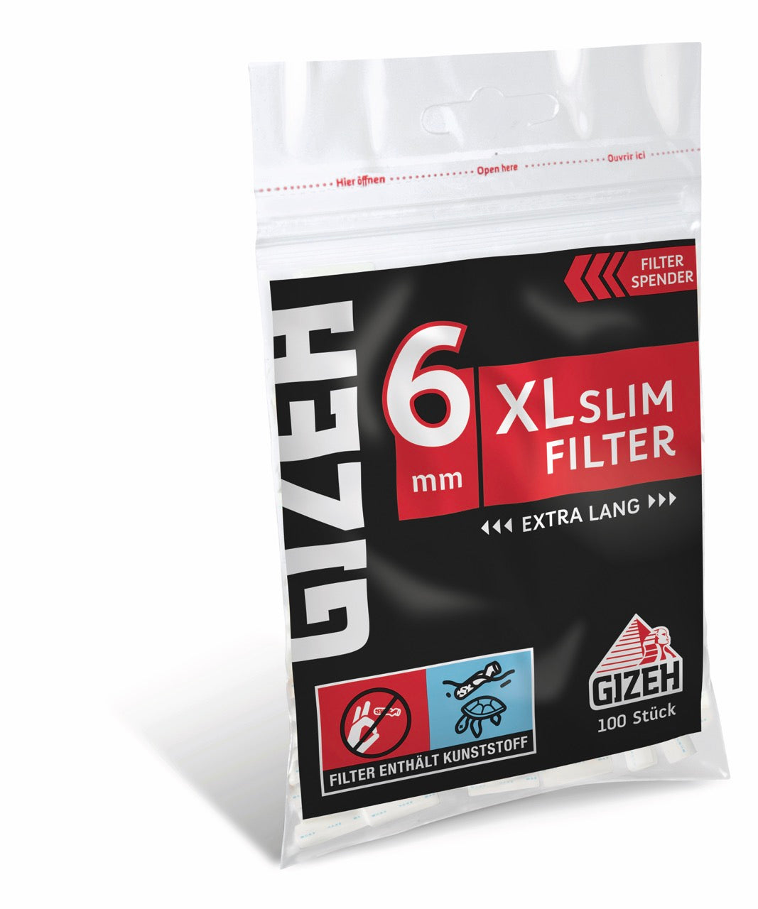 GIZEH Black XL Slim Filter 6mm 100er Beutel seitlich fotografiert