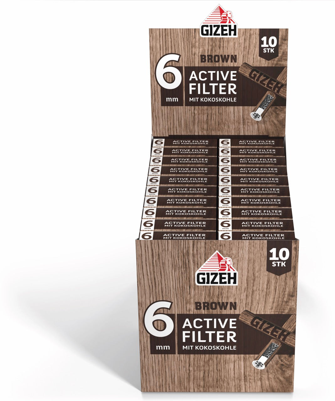 Karton mit 20 x 10er GIZEH Brown Active Filter Packungen frontal fotografiert