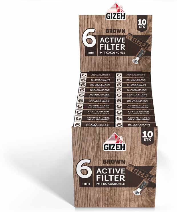 Karton mit 20 x 10er GIZEH Brown Active Filter Packungen frontal fotografiert
