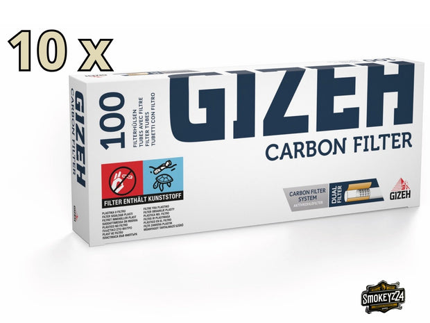 Gizeh Carbon Filter Hülsen im 10er Vorteilspack – seitlich aufgenommen mit Sicht auf Verpackungsdesign