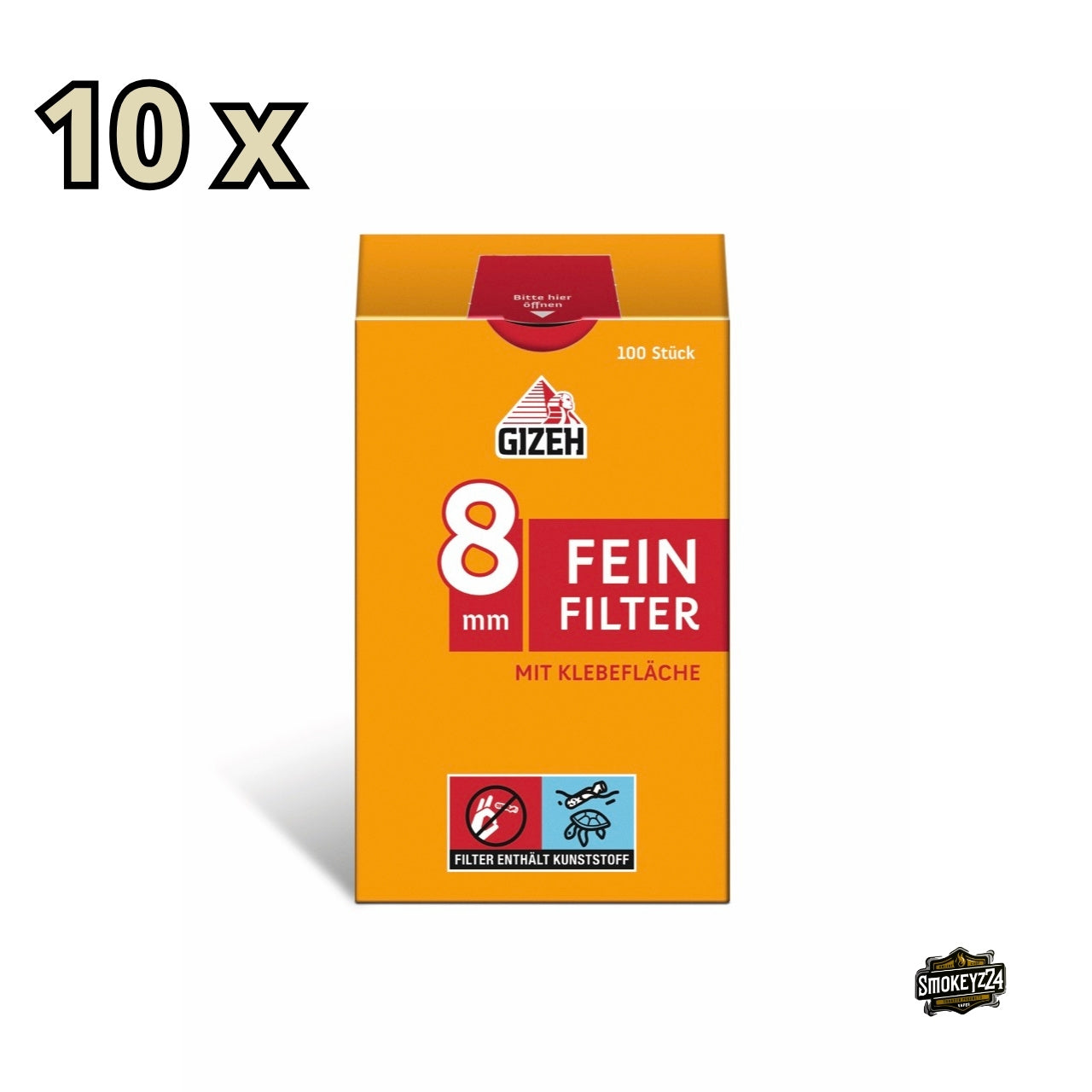 Karton mit 10 x 100er GIZEH Feinfilter 8mm Packungen, frontal fotografiert