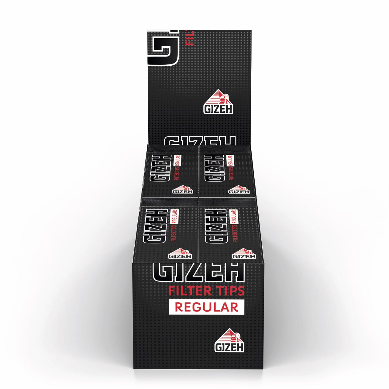 Karton mit 24 x 35er GIZEH Black Filter Tips Regular Packungen, frontal fotografiert