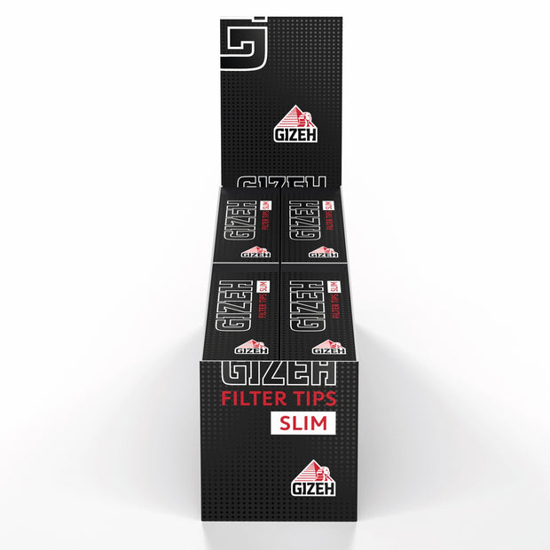 Karton mit 24 x 35er GIZEH Black Filter Tips Slim Packungen, frontal fotografiert