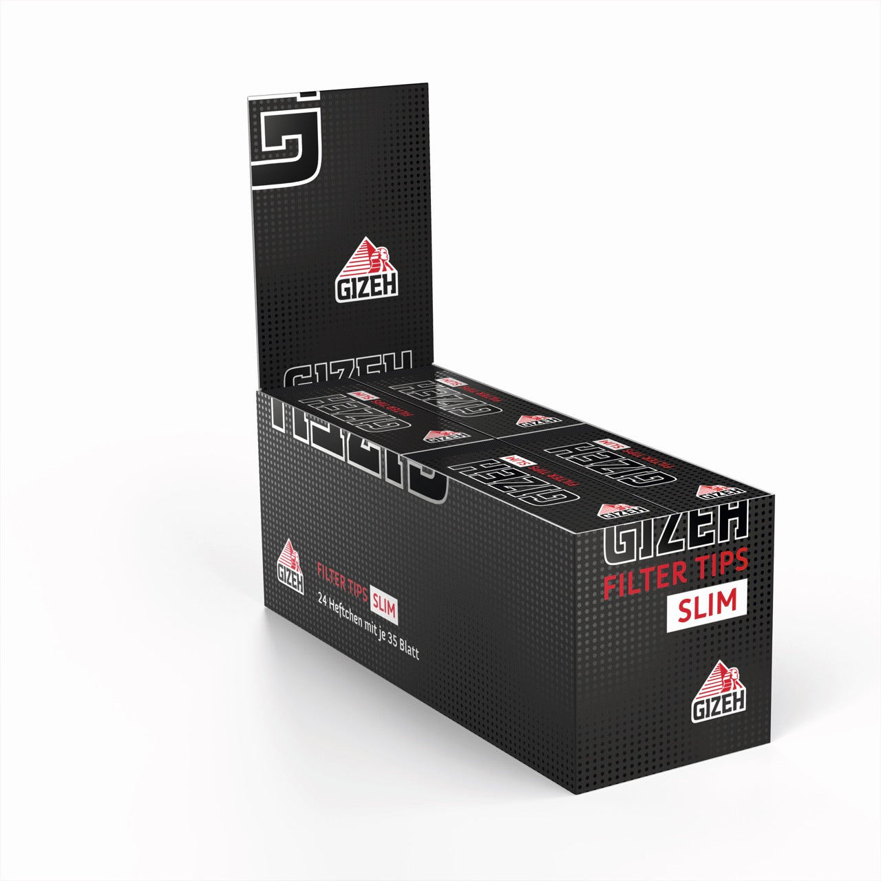 Karton mit 24 x 35er GIZEH Black Filter Tips Slim Packungen, seitlich fotografiert
