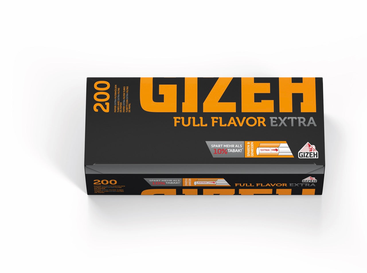 Gizeh Full Flavour Extra Hülsen – Packung mit 200 Filterhülsen in Orange/Schwarz, frontal dargestellt