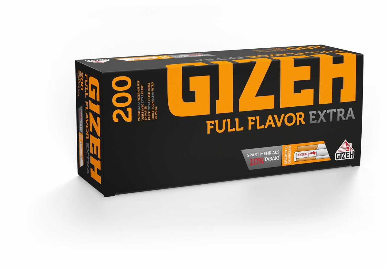 Gizeh Full Flavour Extra Filterhülsen – Verpackung leicht seitlich fotografiert mit Design ohne Plastik