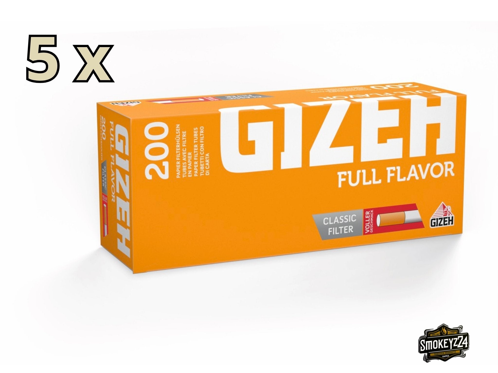 Gizeh Full Flavour Hülsen – 5-fach Packung leicht schräg dargestellt mit Mengenangabe sichtbar