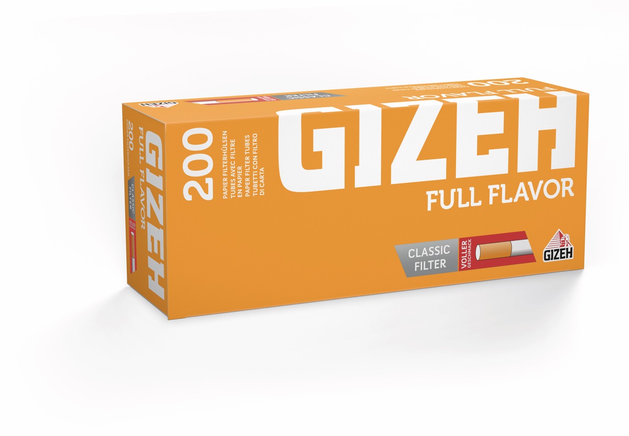 Gizeh Full Flavour Hülsen – King Size Filterhülsen leicht seitlich dargestellt mit sichtbarer Filterangabe