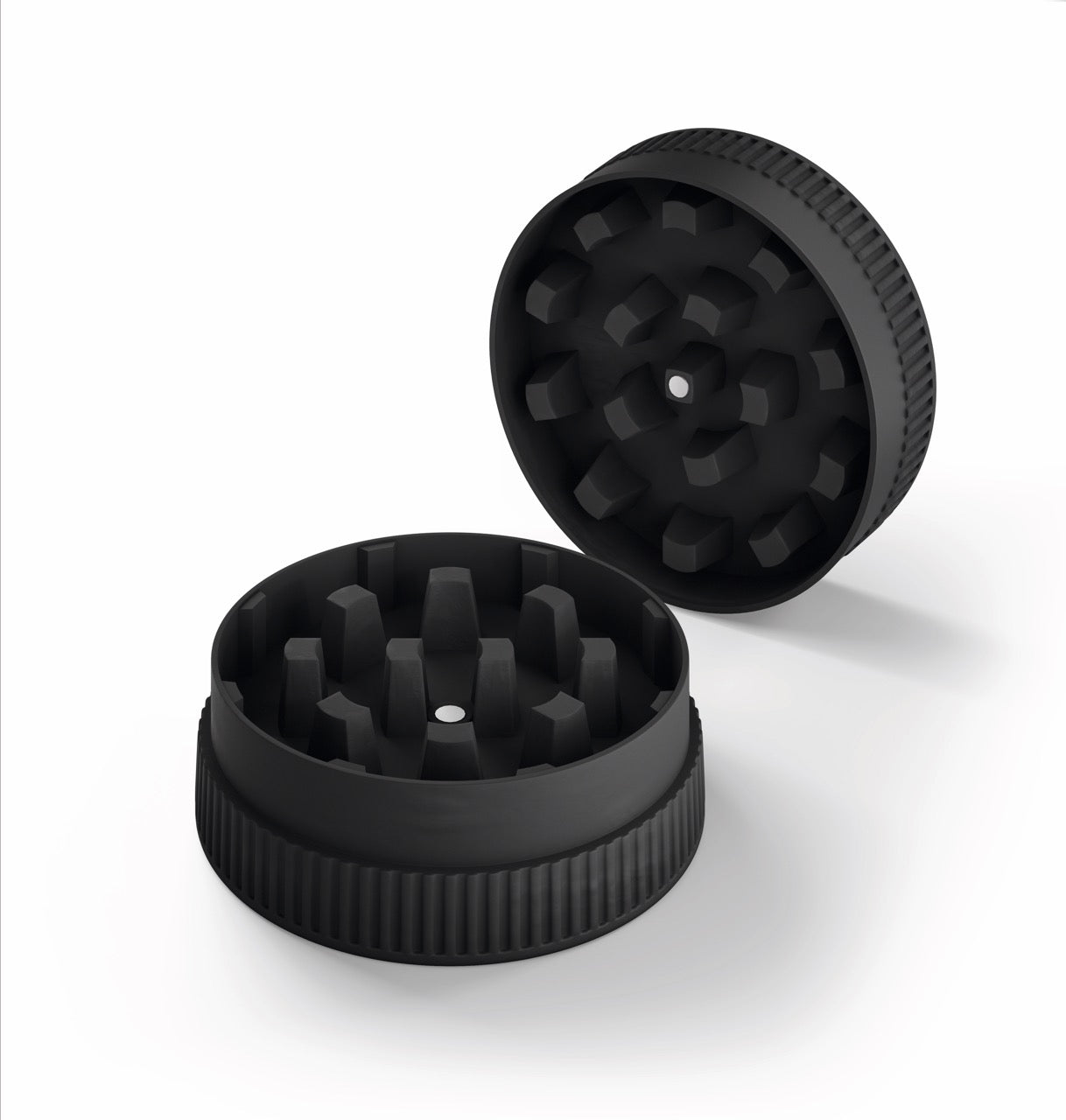GIZEH Hemp Grinder – Geöffneter Grinder in Schwarz mit 28 Mahlzähnen