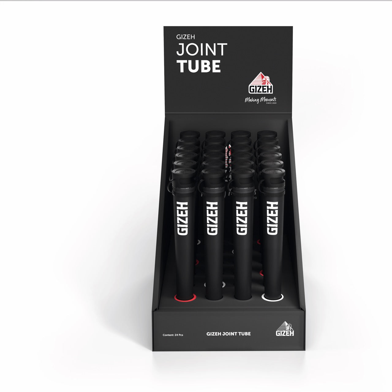 GIZEH Joint Tube 24er Karton – Frontalansicht der Verpackung mit schwarzem Design