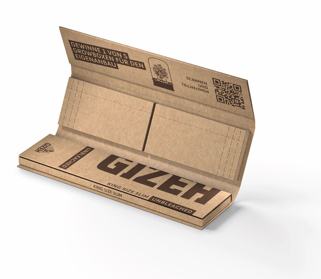 GIZEH Unbleached King Size Slim + Tips Blättchen, geöffnete Packung mit Papers und Filter Tips, fotografiert