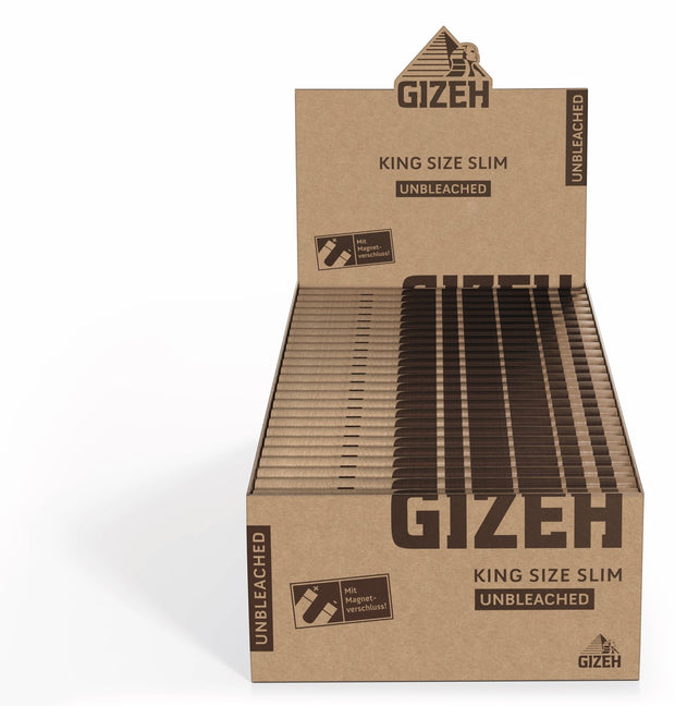 Karton mit 50 Packungen GIZEH Unbleached King Size Slim Blättchen, Sparpaket, frontal fotografiert