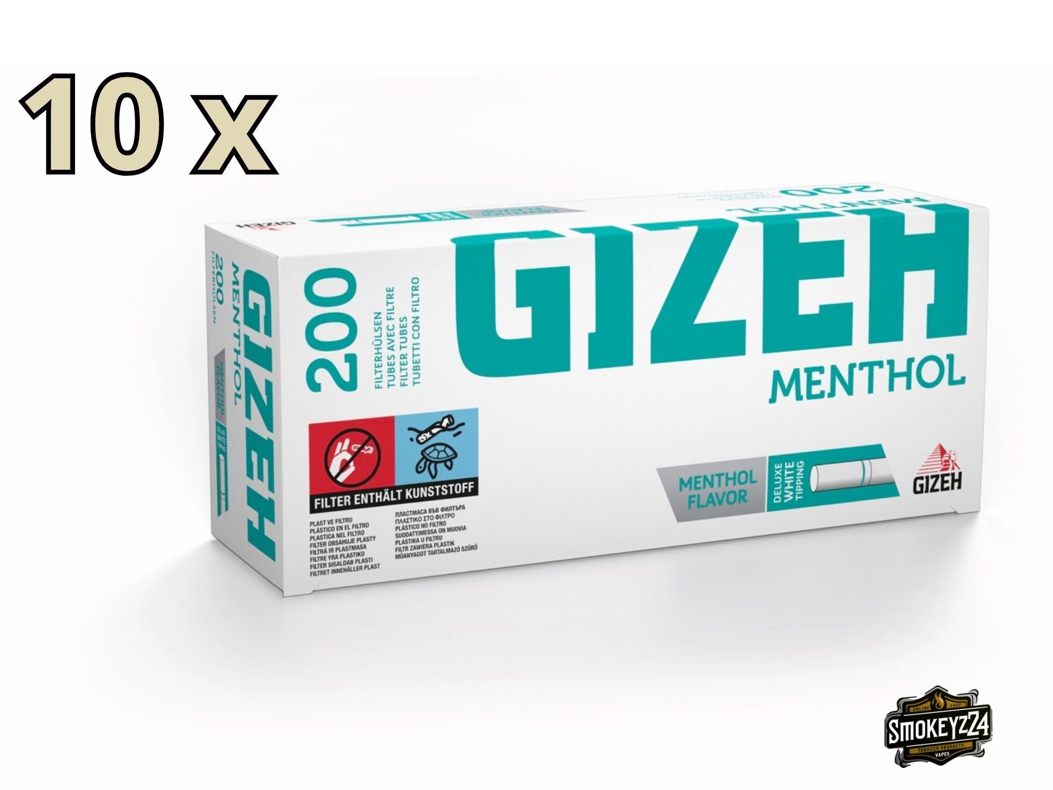 Gizeh Menthol Hülsen – 10er Vorratspack mit frischem Mentholgeschmack und weißem Filter, leicht seitlich fotografiert