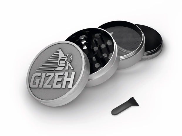 GIZEH Metall Grinder 50mm – geöffnetes 4-teiliges System mit Sieb und Schaber