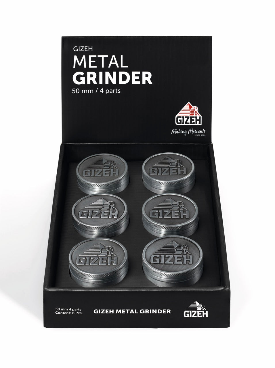 GIZEH Metall Grinder 50mm – 6er-Karton Verpackung von vorn mit sichtbarem Inhalt