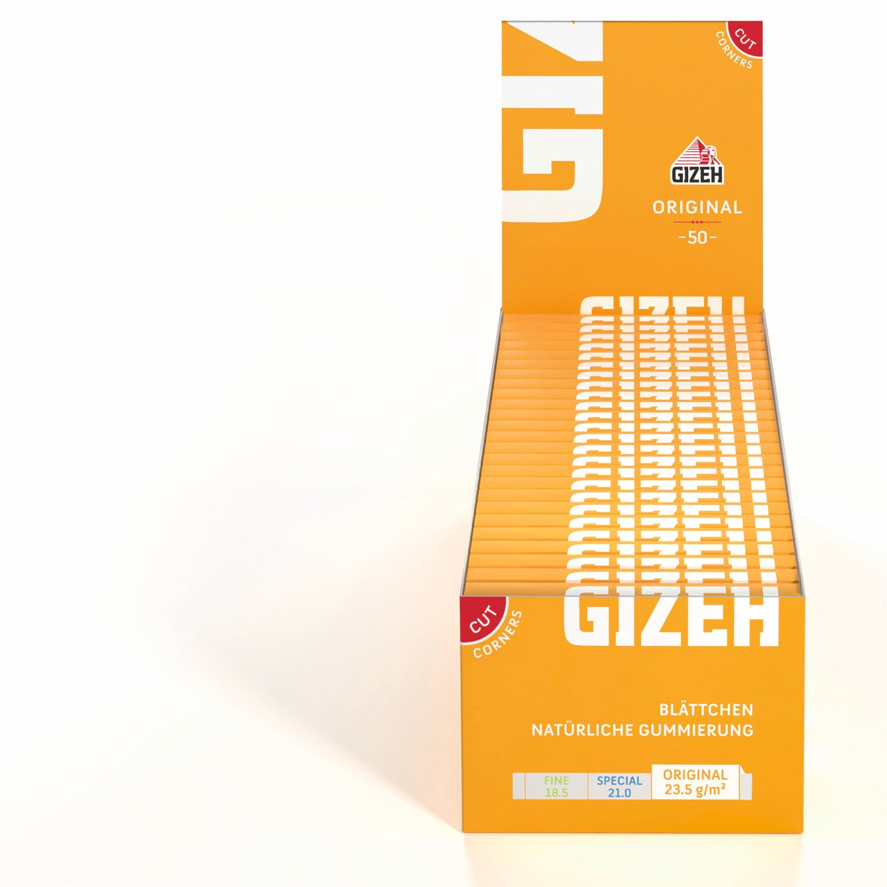 GIZEH Original Orange Blättchen 50x50 Blatt Karton frontal fotografiert