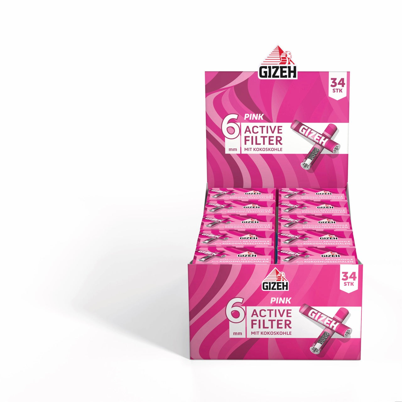 Karton mit 10 x 34er GIZEH All Pink Active Filter Packungen frontal fotografiert