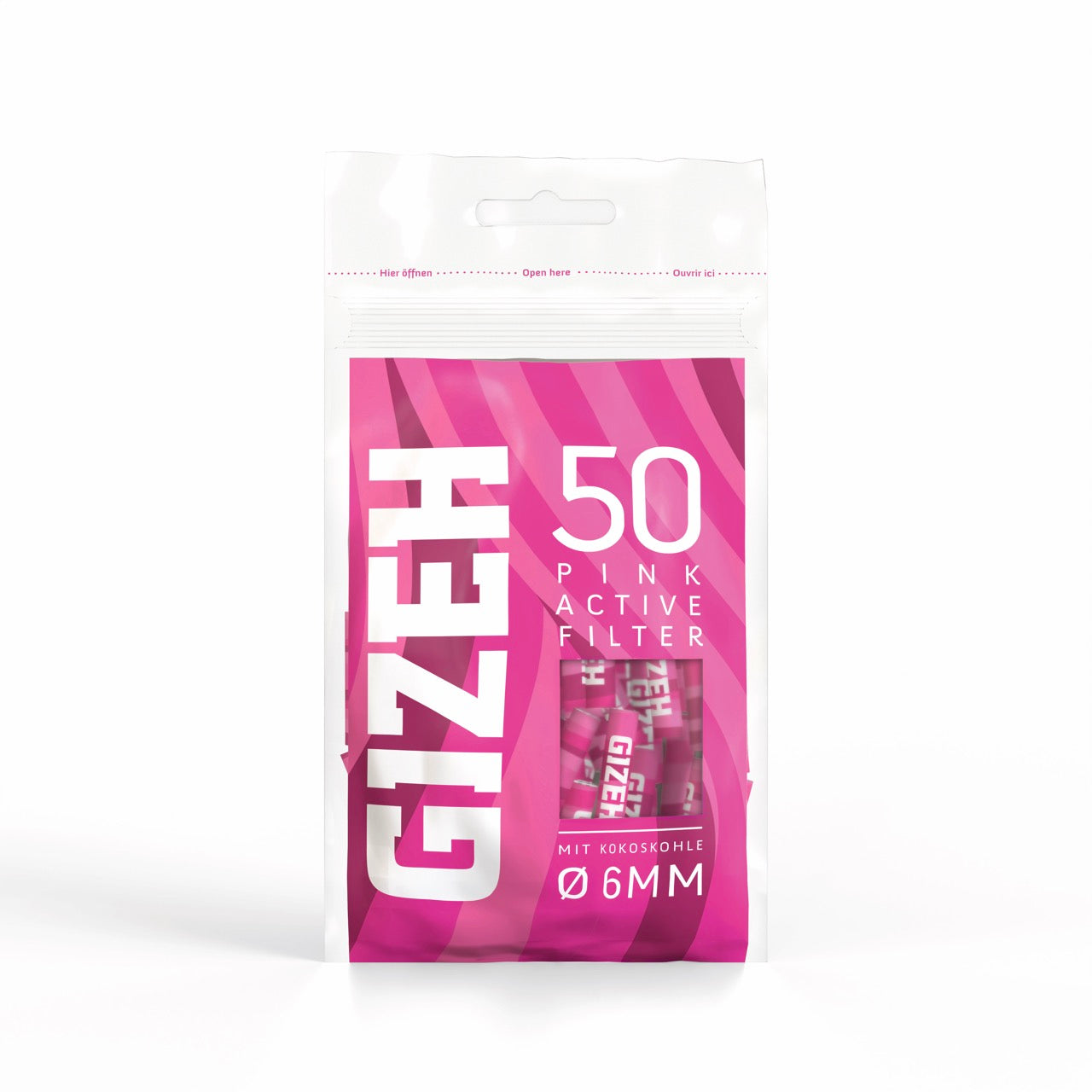 GIZEH Pink Active Filter 6mm 50er Beutel frontal fotografiert