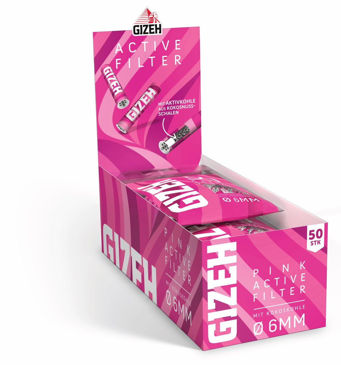 Karton mit 10 x 50er GIZEH Pink Active Filter Beuteln seitlich aufgenommen