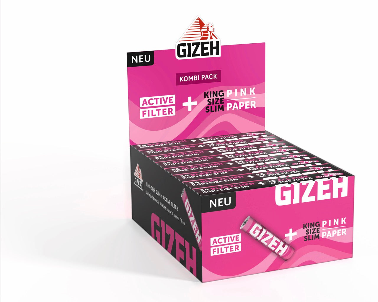 Karton mit 16 GIZEH Pink King Size Slim + Active Filter Packungen, Vorrat, seitlich fotografiert