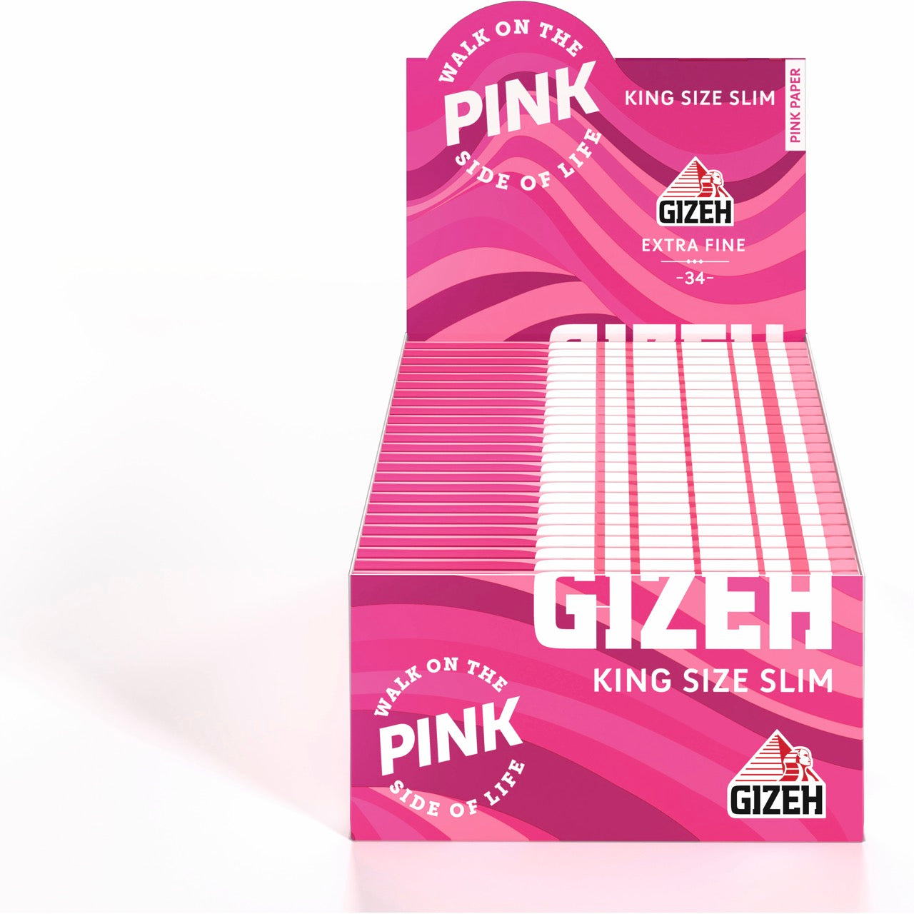 Karton mit 50 Packungen GIZEH All Pink King Size Slim Blättchen, Sparpaket, frontal fotografiert