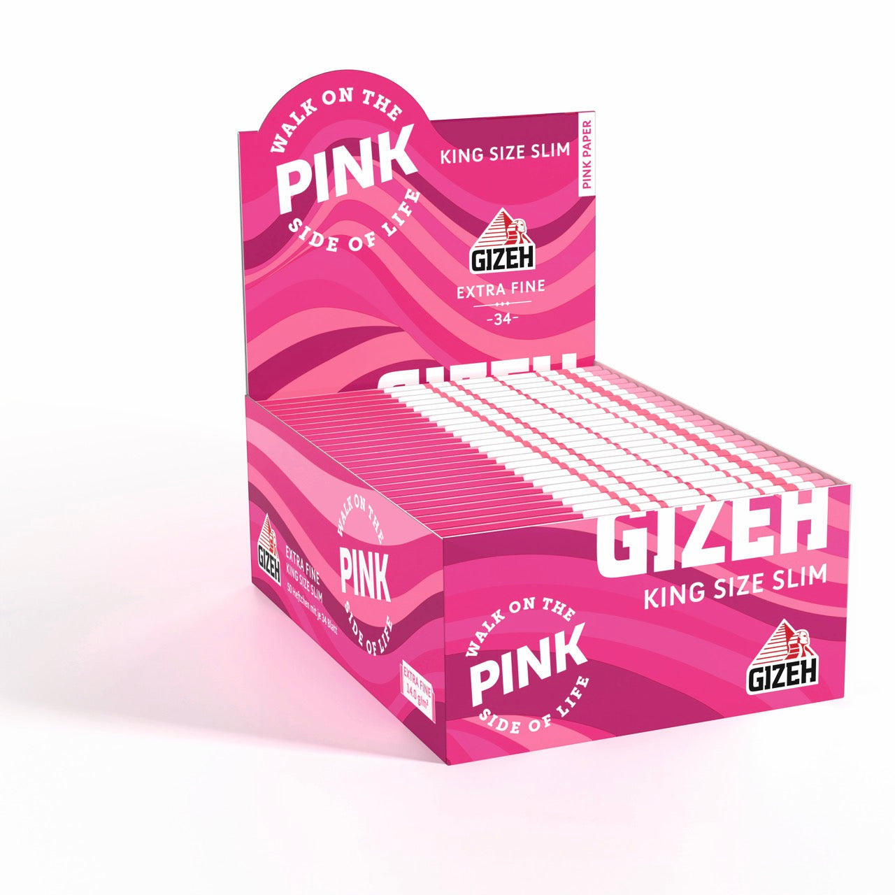Karton mit 50 Packungen GIZEH All Pink King Size Slim Blättchen, Vorrat, seitlich fotografiert