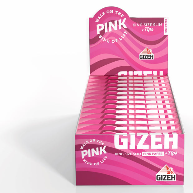 Karton mit 26 Packungen GIZEH All Pink King Size Slim + Tips Blättchen, Sparpaket, frontal fotografiert