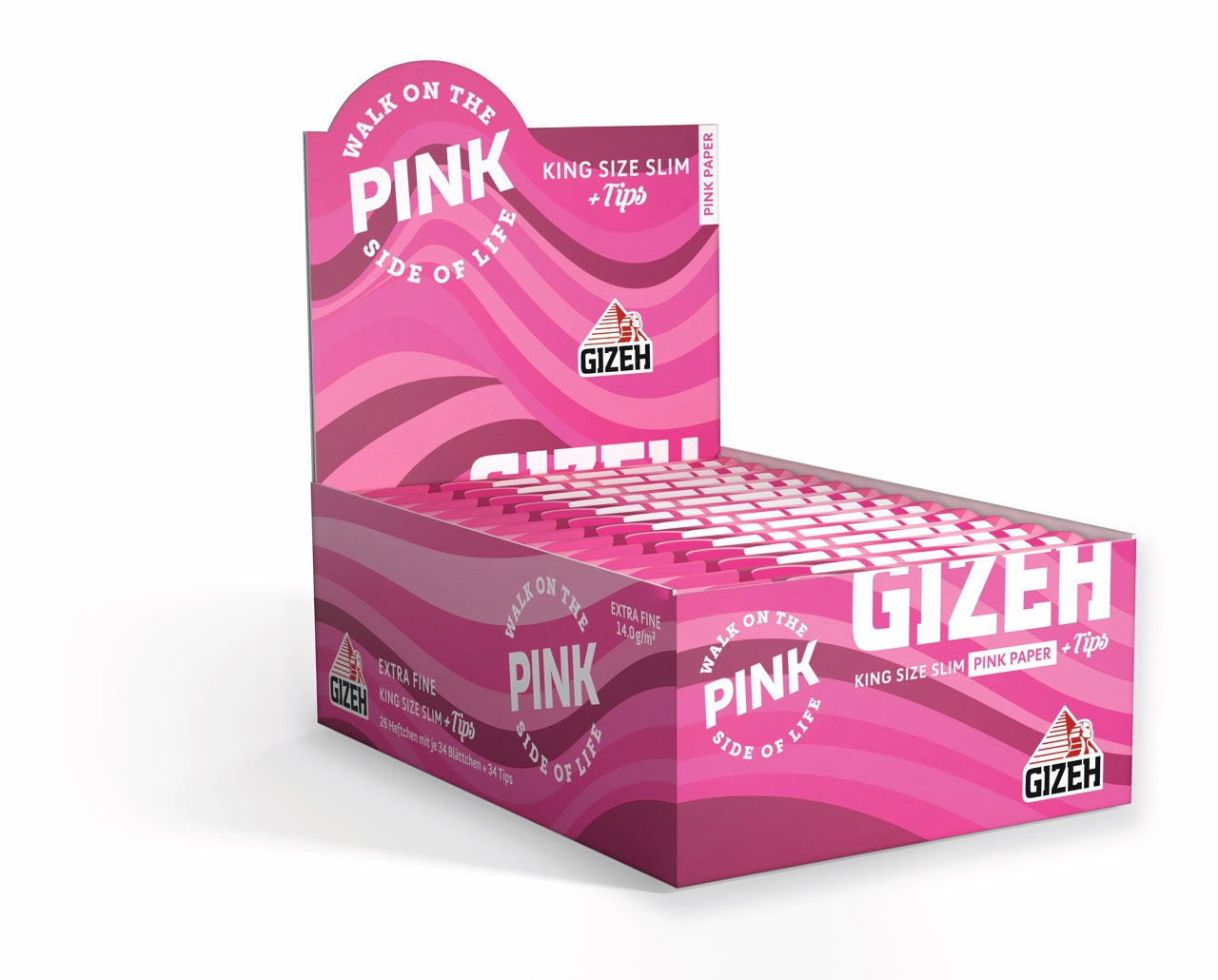 Karton mit 26 Packungen GIZEH All Pink King Size Slim + Tips Blättchen, Vorrat, seitlich fotografiert