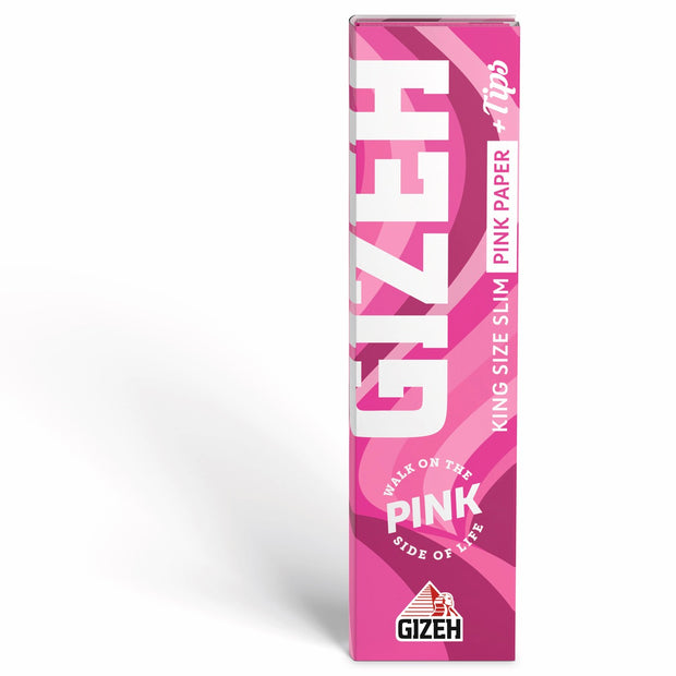 GIZEH All Pink King Size + Tips Blättchen 34 Blatt Packung, pink, Magnetverschluss, frontal fotografiert