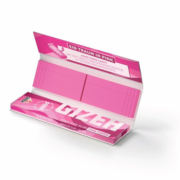 GIZEH All Pink King Size + Tips Blättchen, geöffnete Packung mit Papers und Filter Tips, pink, fotografiert
