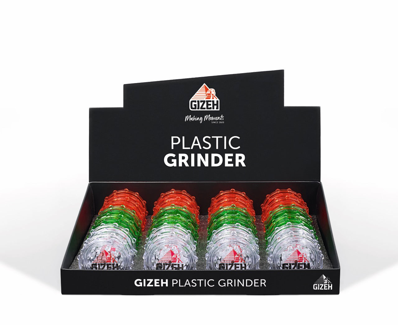 GIZEH Plastic Grinder – Verkaufsdisplay mit mehreren Grindern in verschiedenen Farben