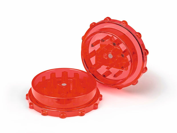 GIZEH Plastic Grinder – Geöffneter Grinder in Rot mit sichtbarem Mahlwerk und 35 Zähnen