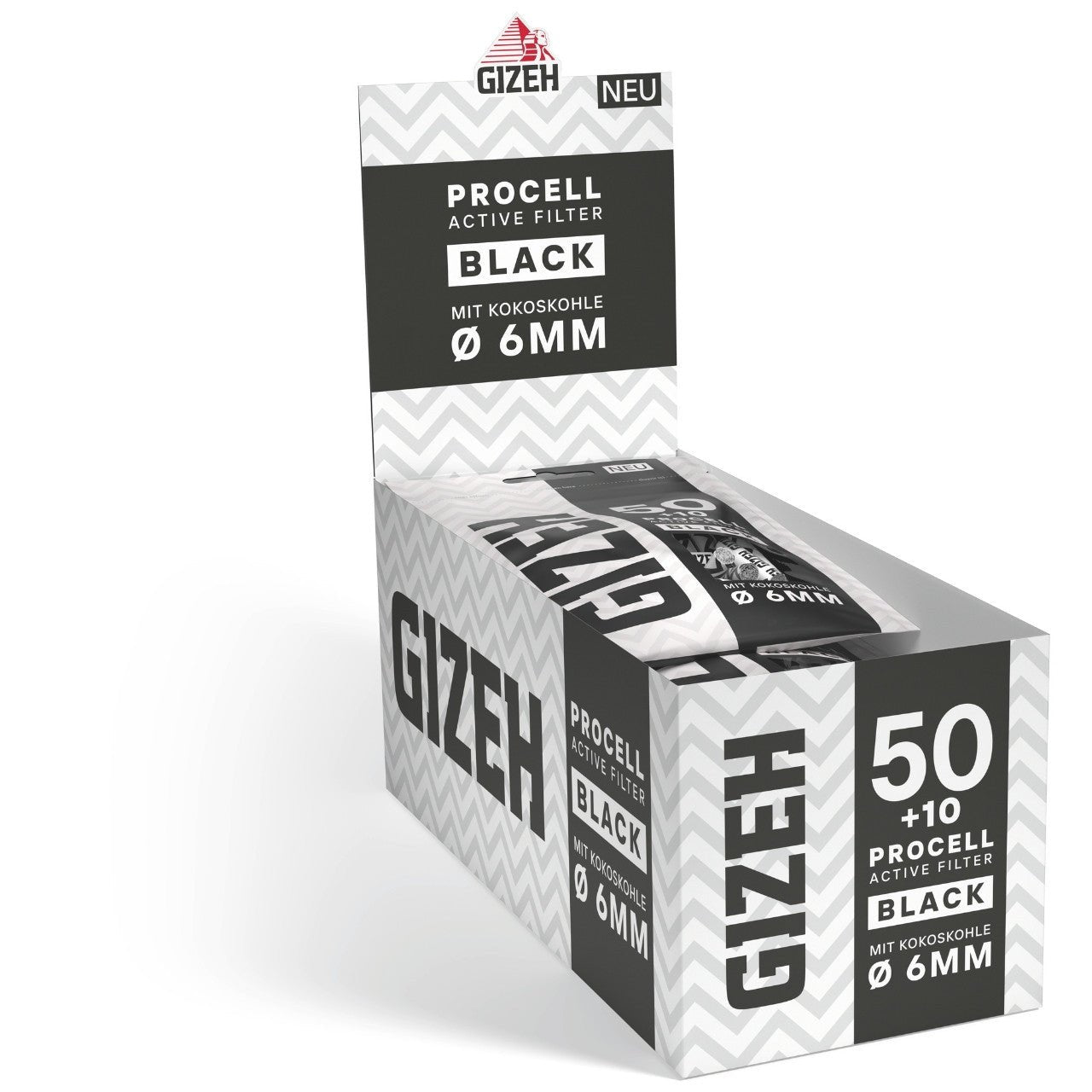 GIZEH Procell Active Filter 6mm Black - 10er Karton mit 10 Beuteln, 50+10 Aktivkohlefilter