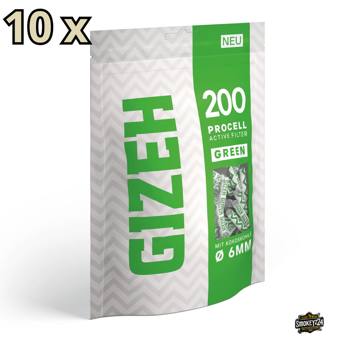 GIZEH ProCell Active Filter 6mm Green - Umkarton mit 10 x 200er Beuteln seitlich