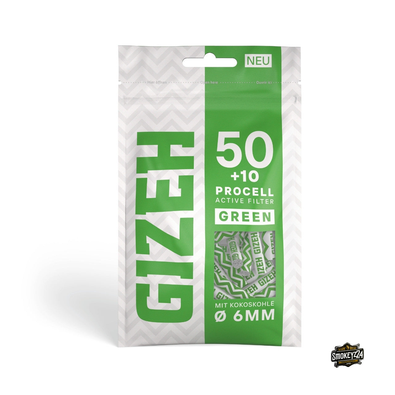GIZEH Procell Active Filter 6mm Green - 50+10 Aktivkohlefilter im 60er Beutel