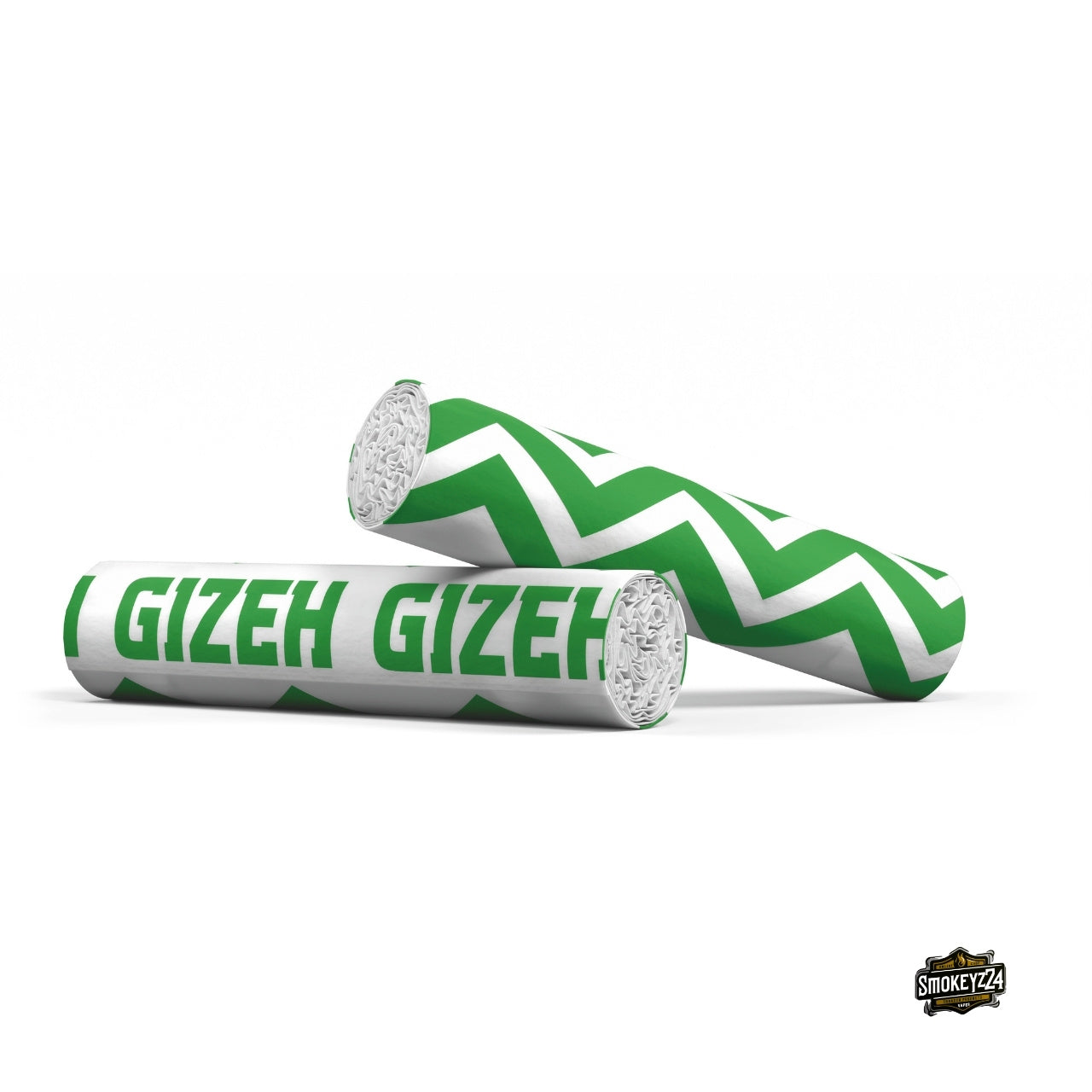GIZEH Procell Active Filter 6mm Green - zwei ausgepackte Aktivkohlefilter mit grün-weißem Muster