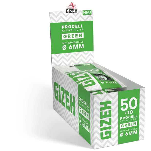 GIZEH Procell Active Filter 6mm Green - 10er Karton mit 10 Beuteln, 50+10 Aktivkohlefilter