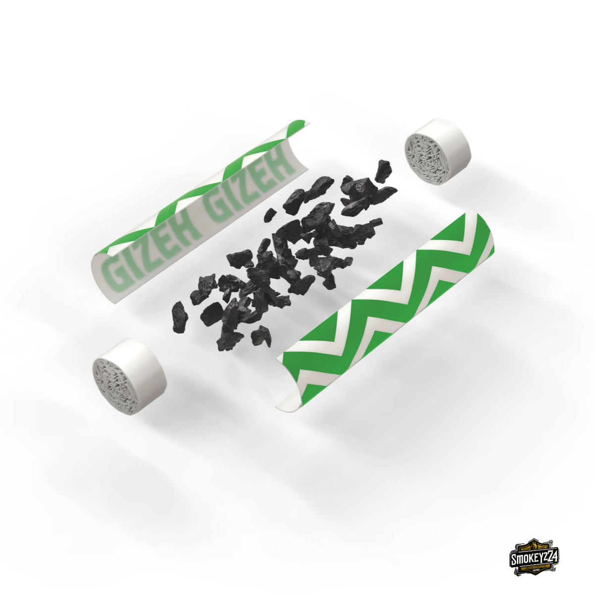 GIZEH ProCell Active Filter 6mm Green - zerlegter Filter mit Papierkappen und Aktivkohle