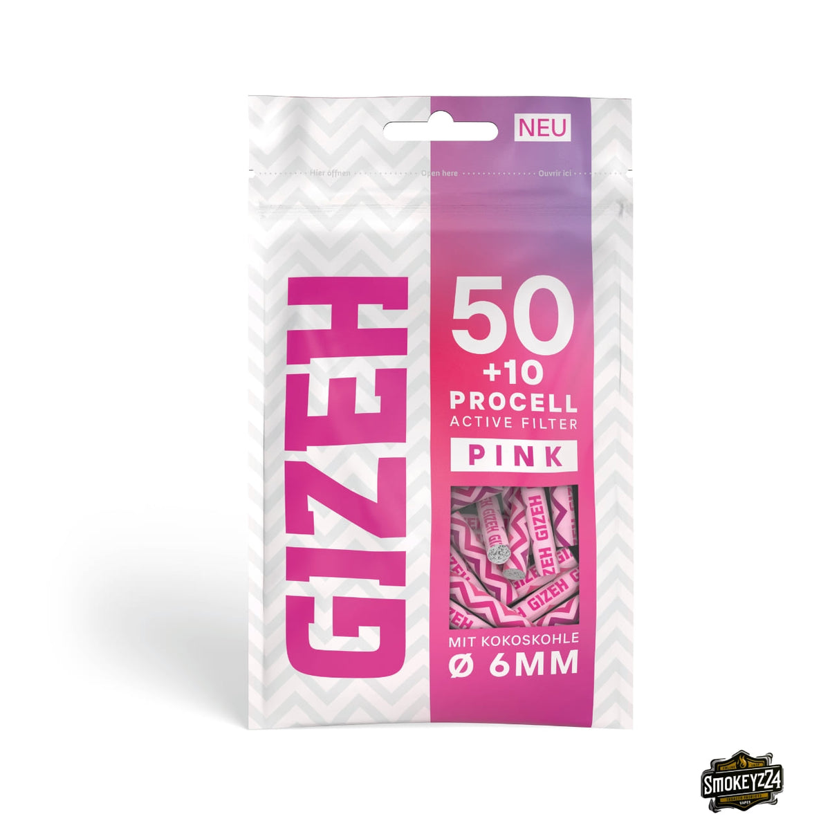 GIZEH ProCell Active Filter 6mm Pink - 60er Beutel (50+10) von vorne