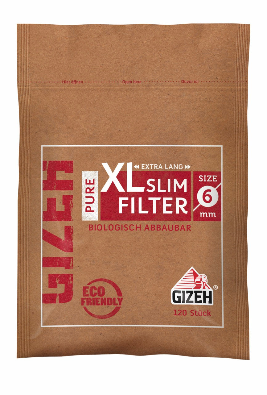 GIZEH Pure XL Slim Filter 6mm 120er Beutel frontal fotografiert