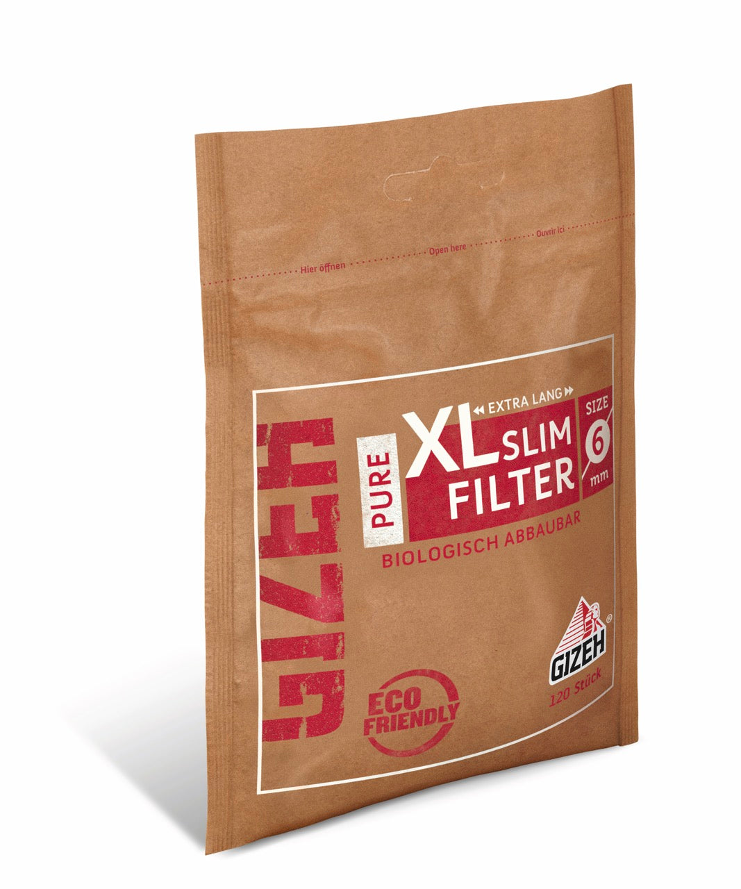 GIZEH Pure XL Slim Filter 6mm 120er Beutel seitlich fotografiert