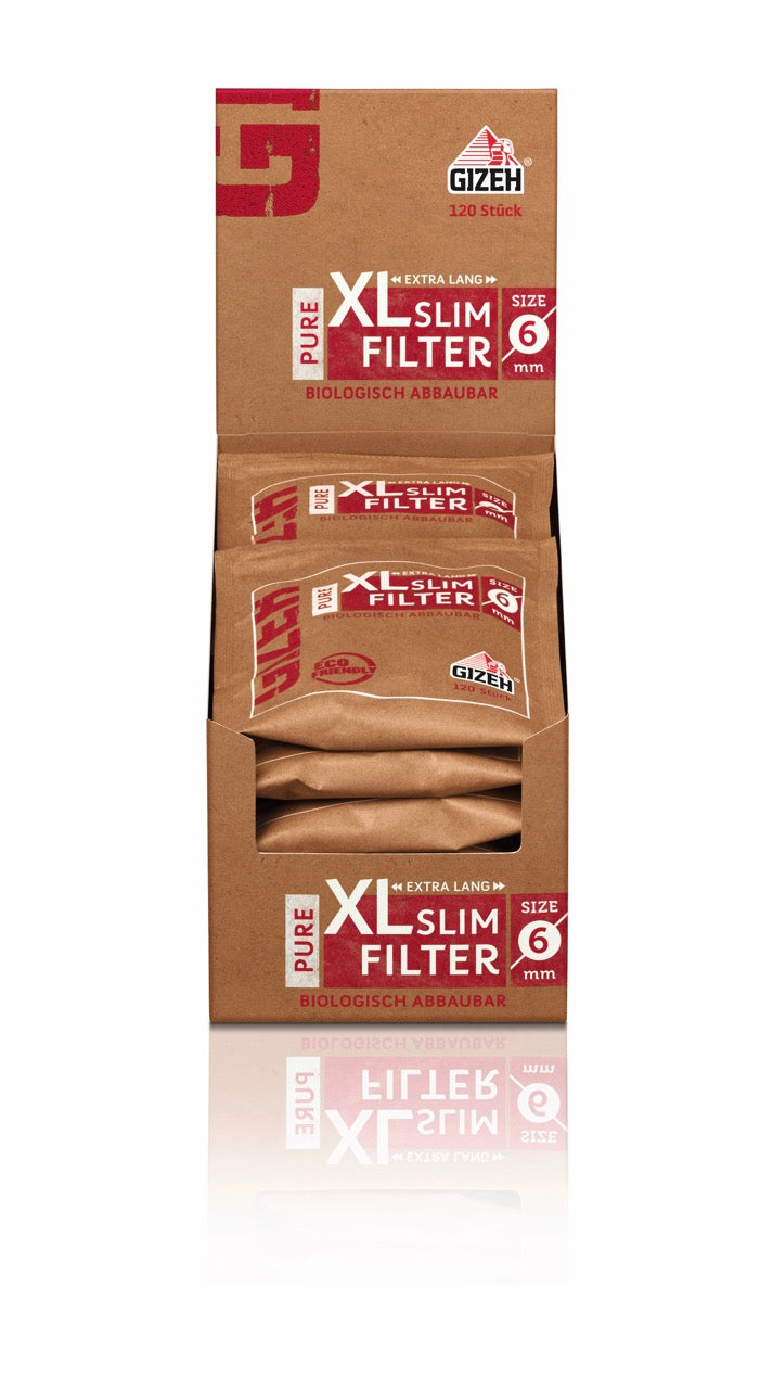 Karton mit 10 x 120er GIZEH Pure XL Slim Filter 6mm Beuteln, frontal fotografiert
