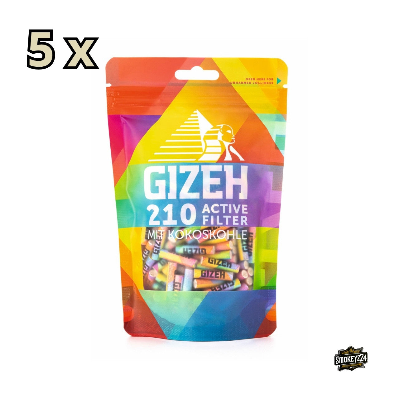 Fünf GIZEH Rainbow Active Filter 210er Beutel nebeneinander angeordnet