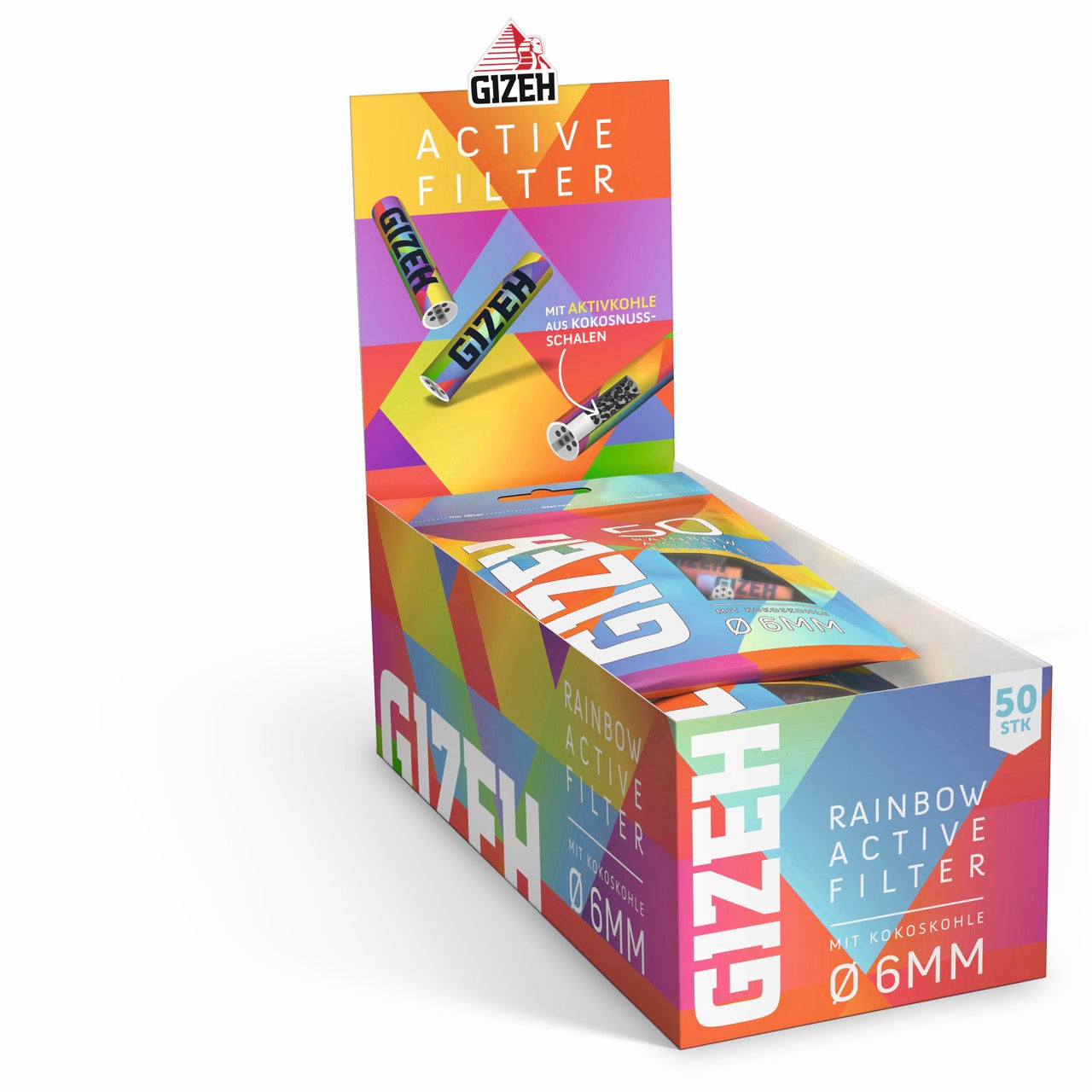 Karton mit 10 x 50er GIZEH Rainbow Active Filter Beuteln seitlich aufgenommen