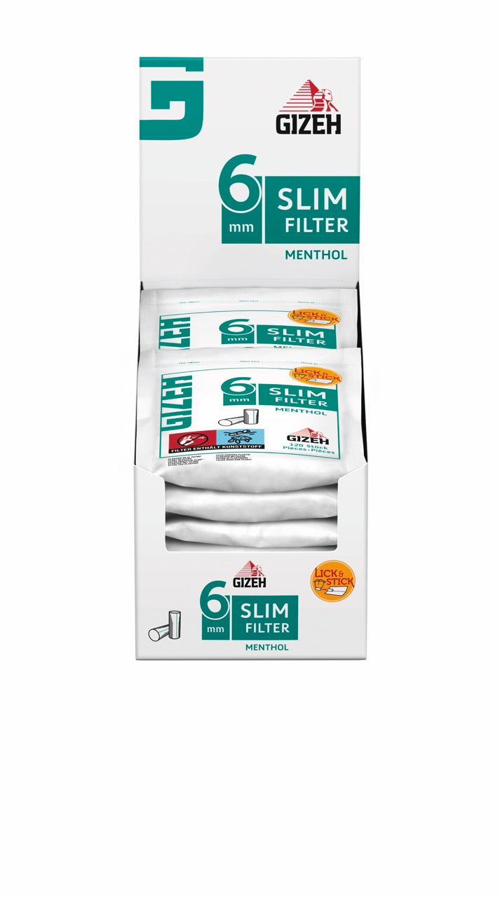 Karton mit 10 x 120er GIZEH Slim Filter Menthol 6mm Beuteln, frontal fotografiert