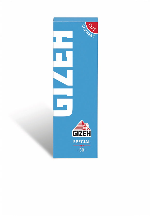 GIZEH Special Blau Blättchen 50 Blatt Packung, klassisches Zigarettenpapier, frontal fotografiert