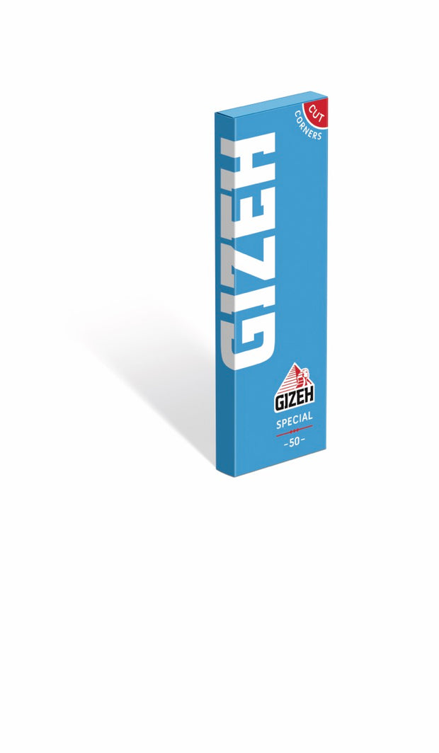 GIZEH Special Blau Blättchen, blaue Drehpapier-Packung, seitlich fotografiert