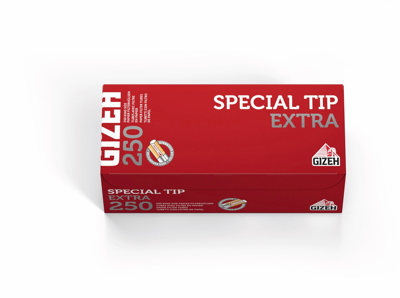 Gizeh Special Tip Extra Hülsen – 250 Filterhülsen mit roter Verpackung frontal fotografiert