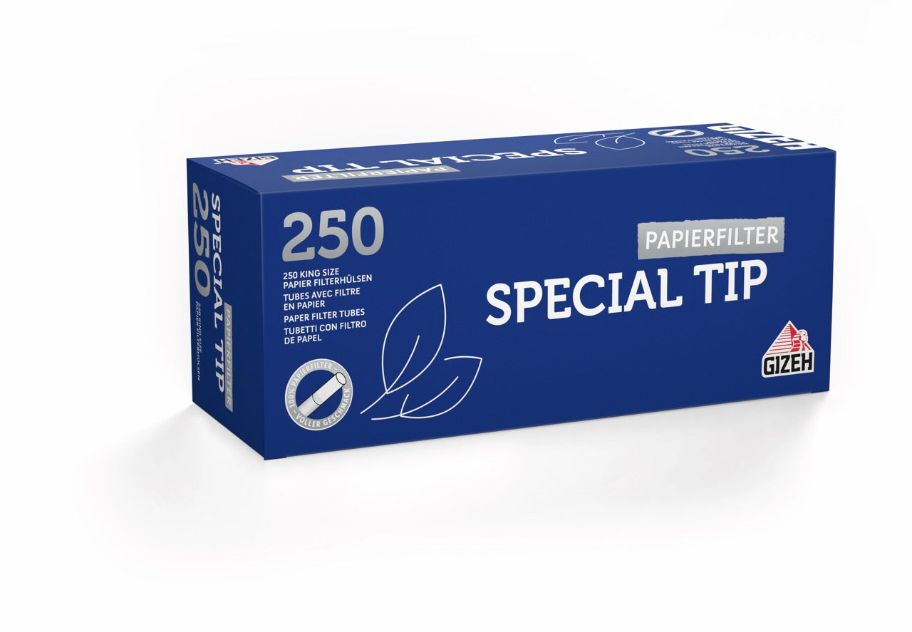 Gizeh Special Tip Filterhülsen – leicht seitlich dargestellte 250er Packung im King Size Format