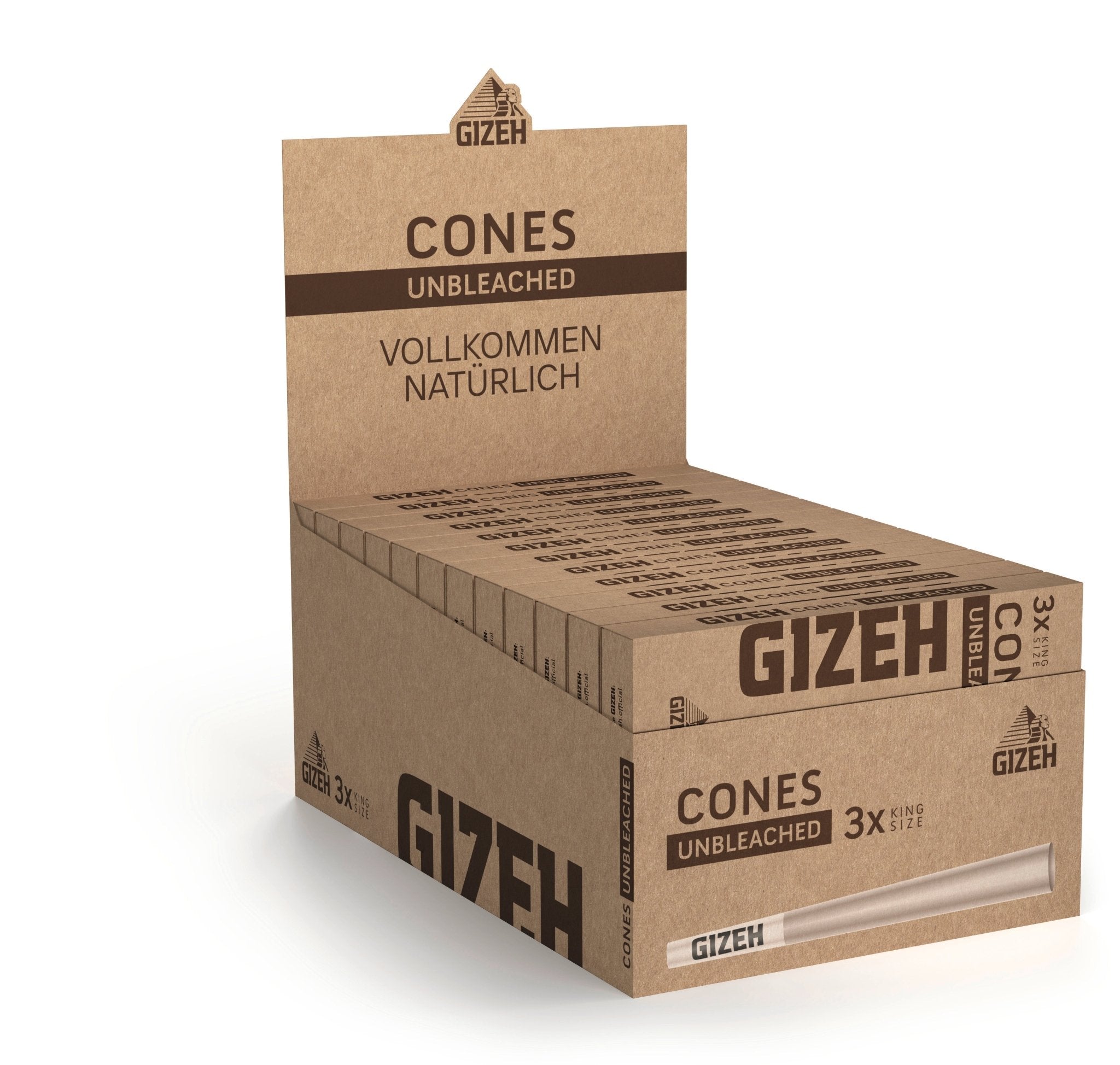 GIZEH Unbleached Cones + Tip King Size 24x3er Karton, naturbraunes Vorratspaket, seitlich fotografiert